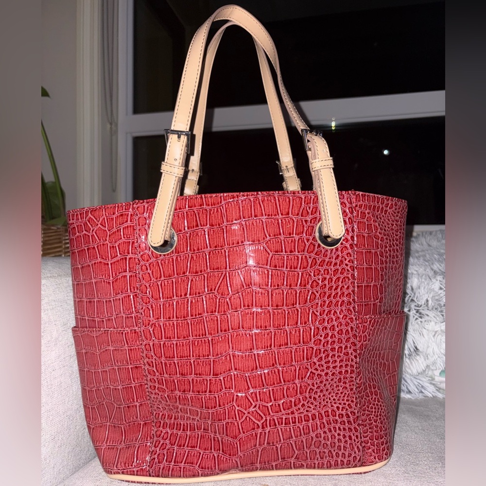 Red Imitation Croc-Embossed Tote Bag